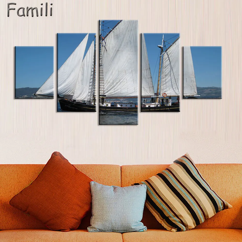 5Pieces Unframed Sailing Boat Canvas Painting Art Posters and Prints Landscape Wall Art Home Decor for Living Room Home Decor