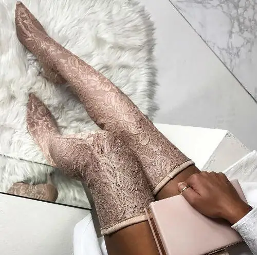 

New Pink Floral Lace Pointy Toe Stiletto Over The Knee Boots Ladies Sexy Thigh Boots Women Fashion Flower Lace High Heel Boots