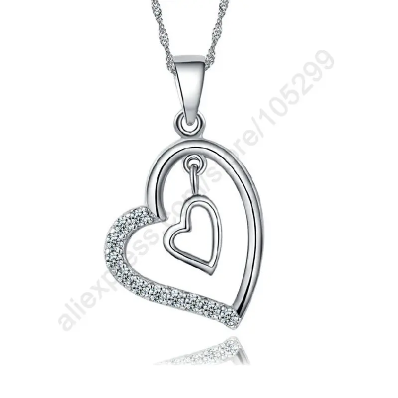 

Romantic Gift Pure 925 Sterling Silver White Gold Plate Heart In Heart Crystal Pendant Necklace With 18" Chains For Woman