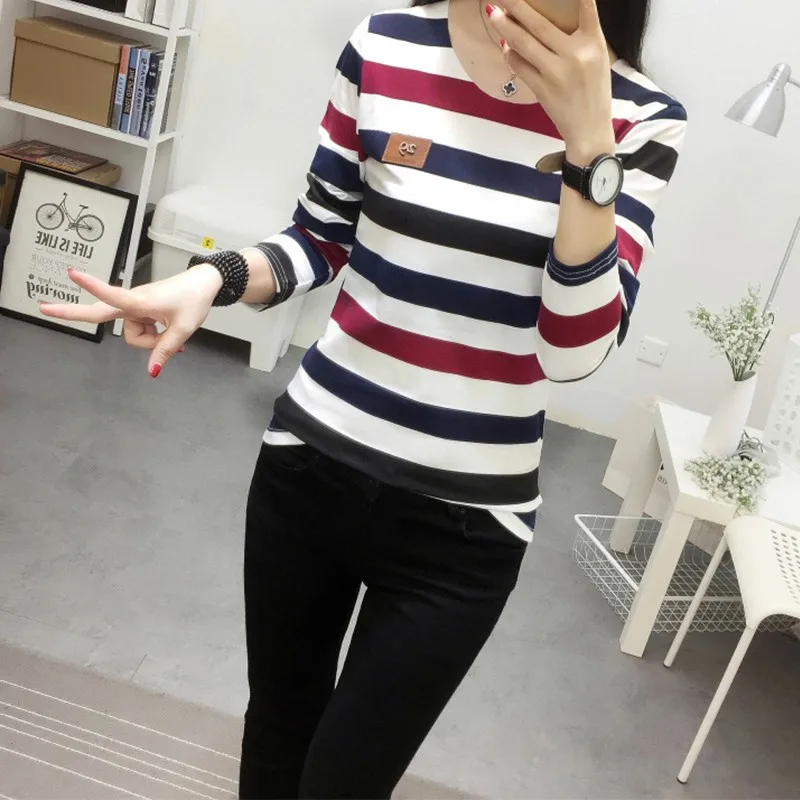 Autumn Korean Female harajuku Long Sleeve T-shirt Women Colorful Stripe women tshirt vetement femme Women T-shirts Casual Tops