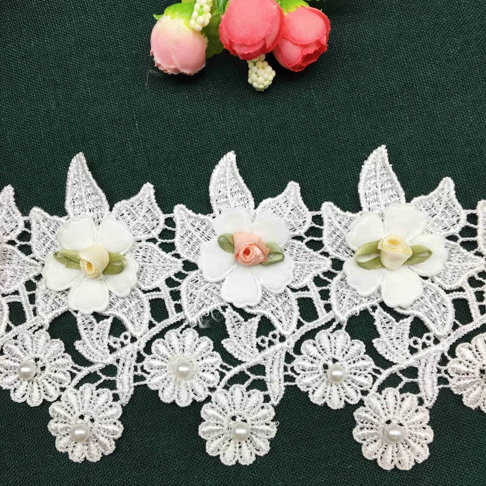 10Pcs Rose Flowers Leaves Mesh Pearl Lace Trim French Fabric Ribbon Trimmings Wedding For Costume Hat Clothes Sewing Craft Decor