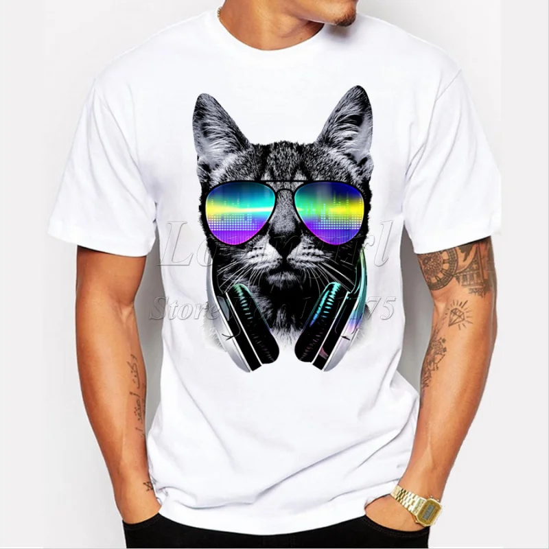 TEEHUB  fashion short music DJ cat printed Funny t-shirt men tops