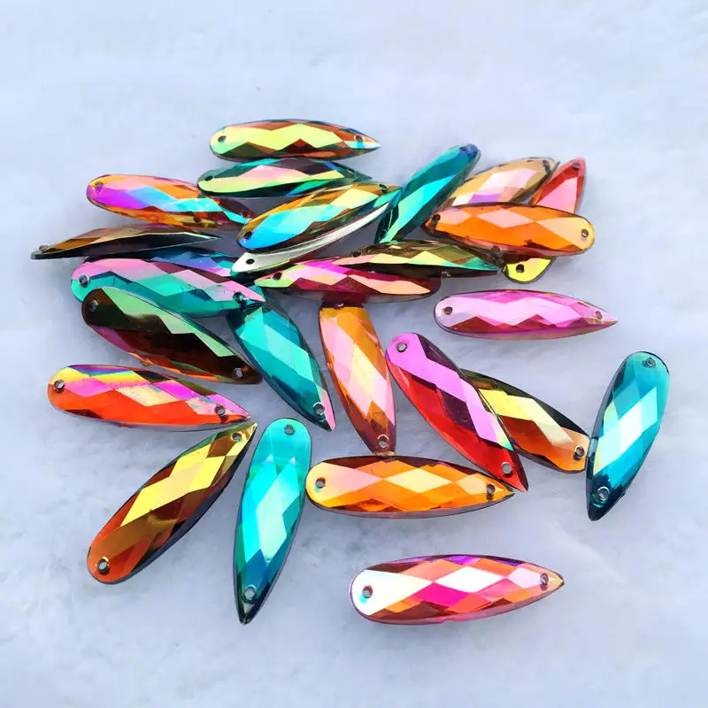 DIY 8*28mm AB Colorful Drop Pear stone crystals Flatback Acrylic Rhinestone trim sewing 2 Hole costume Button 25Pcs -S51A