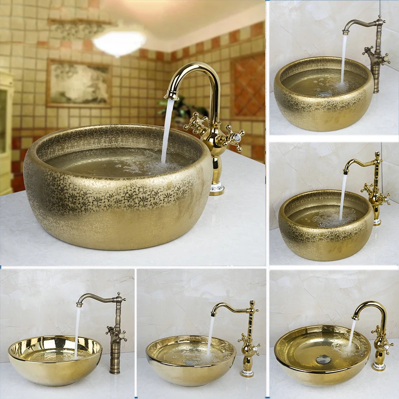 Torayvino Luxury Bathroom Faucet Round Gold Bowl Sinks Vessel Basins Washbasin Ceramic Basin Sink + Mixer Faucet Set