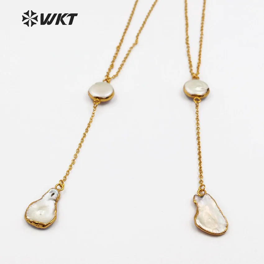 WT-N1127 Bohemia Style Double Natural Freshwater Pearl Gold Dipped Pendant 20 Inch Long With Extend Chain Women Fashion Necklace