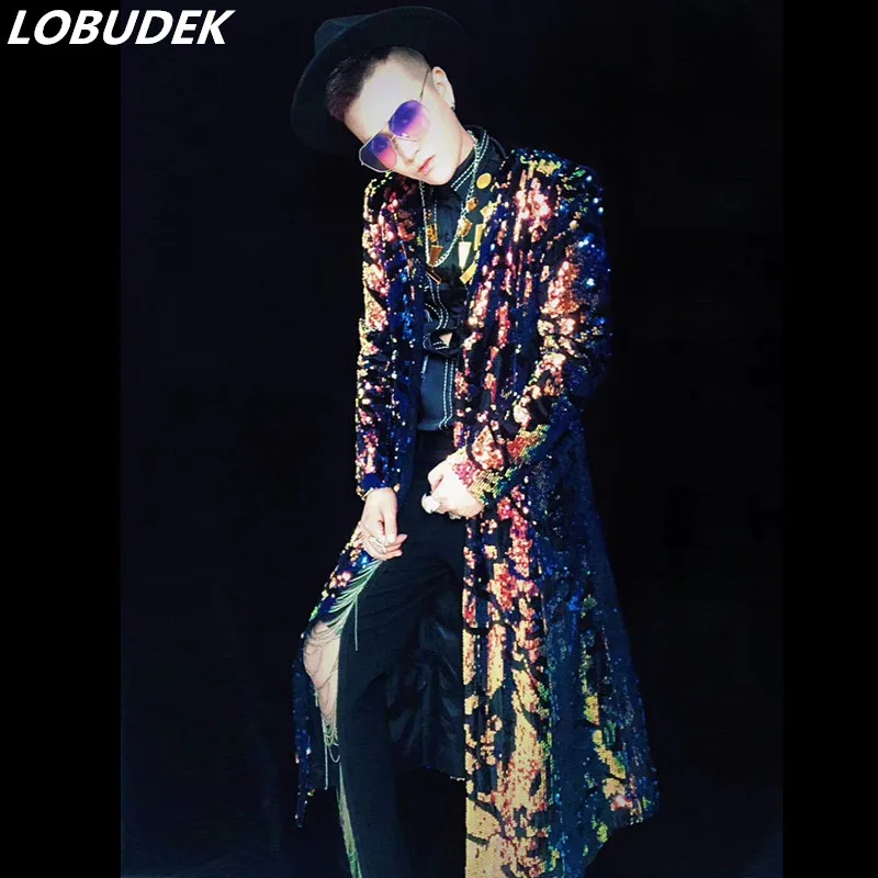 Men's Singer Bar Concert Luxurious High-end Costume Colorful Sequins Long Coat Fashion Slim Cloak Nightclub DS Costume Overcoat