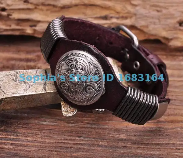 S542 Brown Biker Vintage Floral Studded Men\'s Leather Bracelet Wristband Cuff