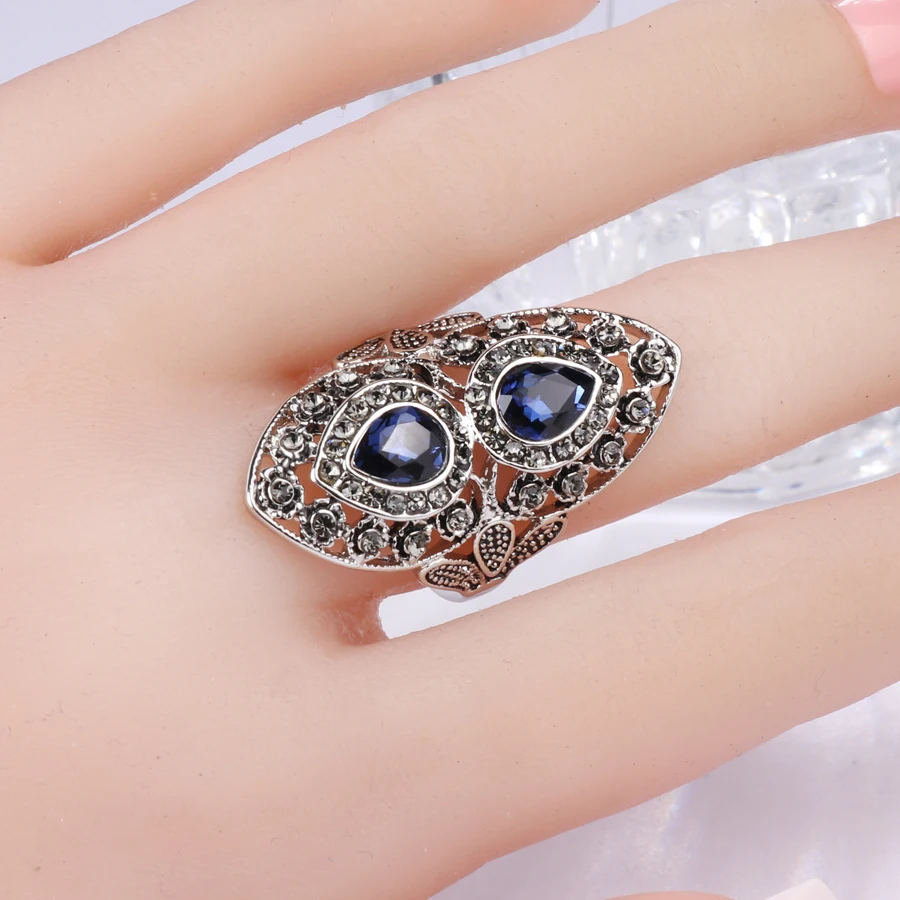 Kinel Luxury Blue Glass Ring For Women Antique Tibetan Silver Party Grey Crystal Vintage Wedding Jewelry 2020 New