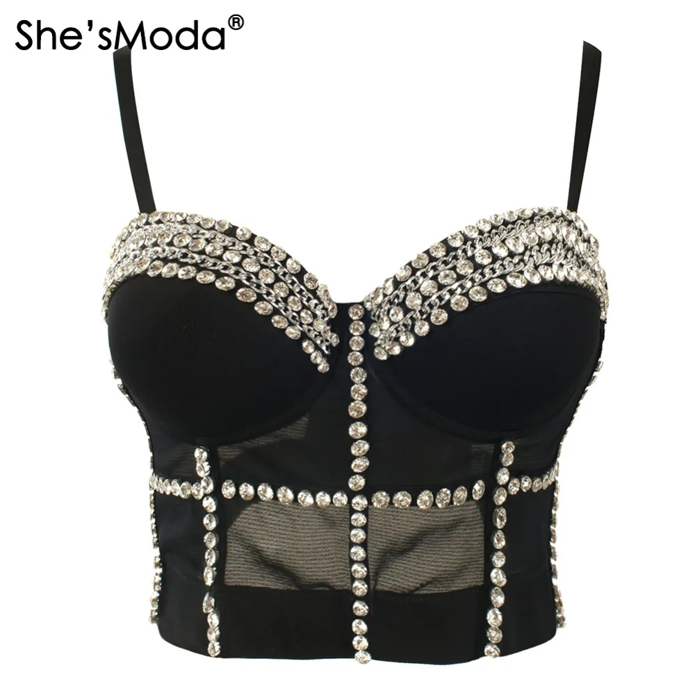 

She'sModa Mesh Jewel Diamond Chain Breath Push Up 2015 New Bralet Women's Bustier Bra Cropped Top Vest Plus Size