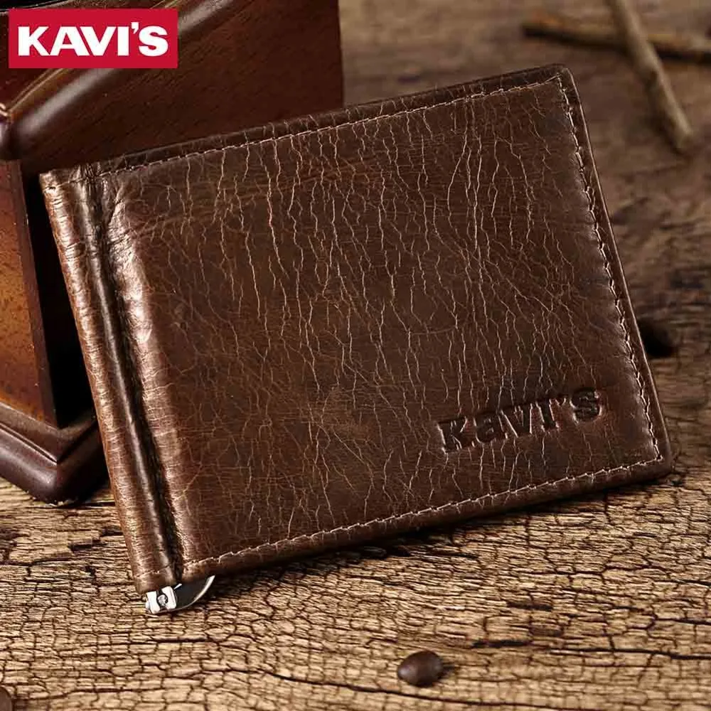 KAVIS Slim Brand Men Women Genuine Leather Bifold Male Purse Billfold Wallet Money Clip Female Clamp for Money Case