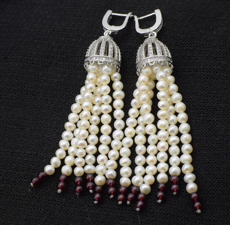 one pair freshwater pearl white near round red garnet  tassle zircon hook earrings 80mm wholesale beads FPPJ