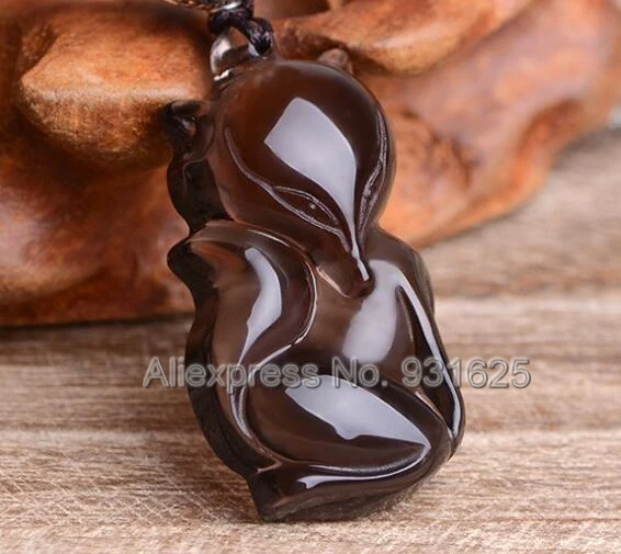 Beautiful Natural Ice Clear Obsidian Carved Cute Beauty Fox Lucky Amulet Pendant + Black Beads Necklace Fashion Jewelry