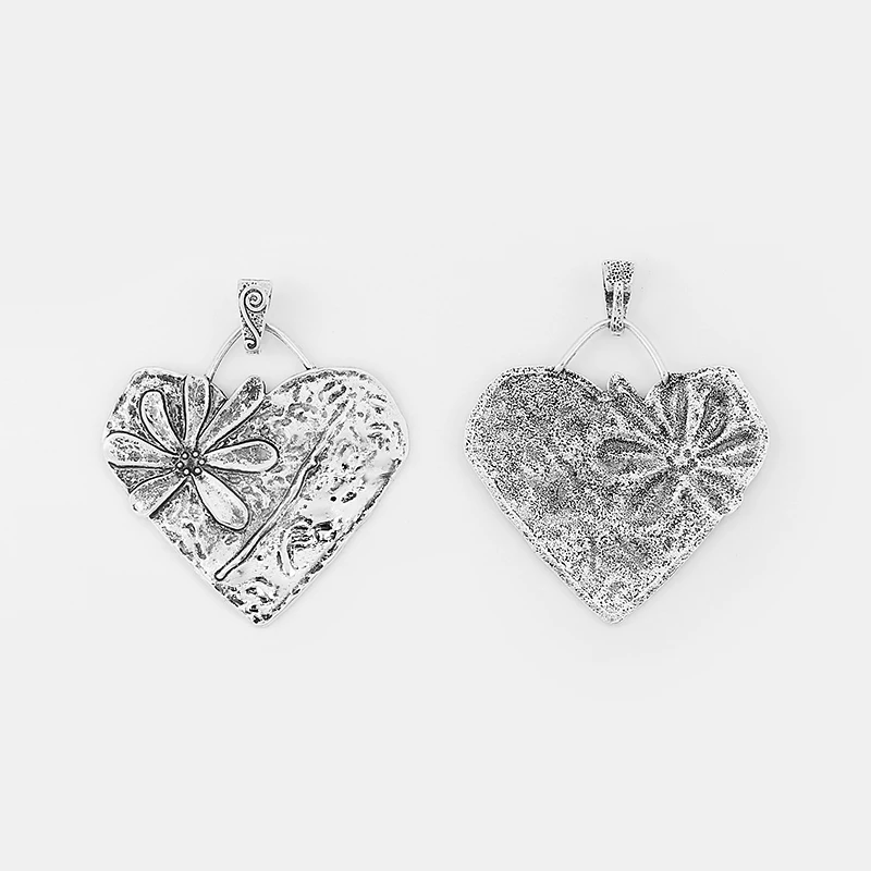 2pcs Tibetan Silver Hammered Charms Flower Large Heart Pendant For Necklace Jewelry Making Findings Accessories 66*67mm