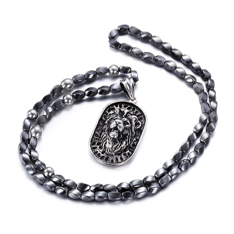 Health Hematite Ball Chain 316L Stainless Steel Biker Lion Head Pendant With Necklace Chain 28'' Men's Jewelry