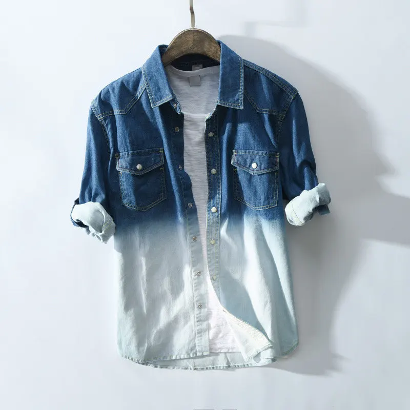 MRMT 2024 Brand Autumn New Men's Shirt Gradient Denim Shirt for Male Tops Casual Collar Shirt