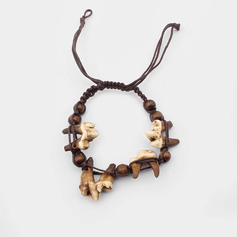 1pcs Tibetan Tribal Brown Real Bone Wolf Tooth Teeth Bracelet Adjustable Cotton Cord With Wood Beads Jewelry Findings