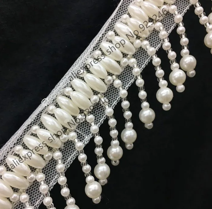 1 meter/lot 5.5cm fake pearl fringe beaded lace with white mesh dangle garment trimmings for dancing dress clothing accessory