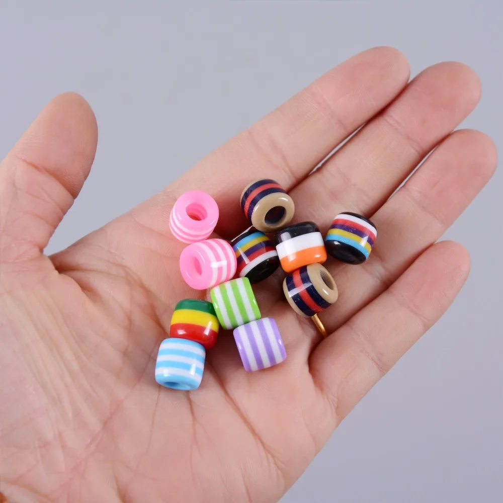 100pcs Colorful Resin Dreadlock Beads Rainbow Stripes Pattern Hair Braid Dread Cuff Clip 6mm Hole Tube Braiding Styling Tool