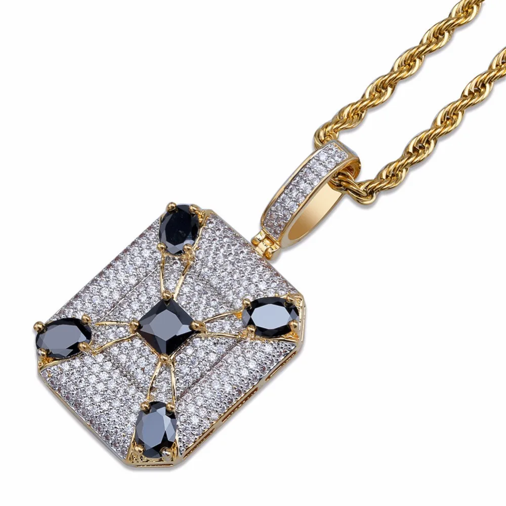

AAA+ CZ Pave Ice Out Bling Golden Square Luxury Men Pendants Necklace with Black Natural Stone Men's Hip Hop Rapper Jewelry