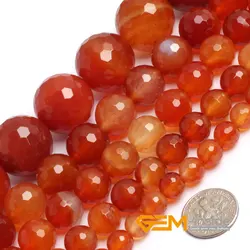 Natural Stone Round Faceted Red Carnelian Beads For Jewelry Making Strand 15