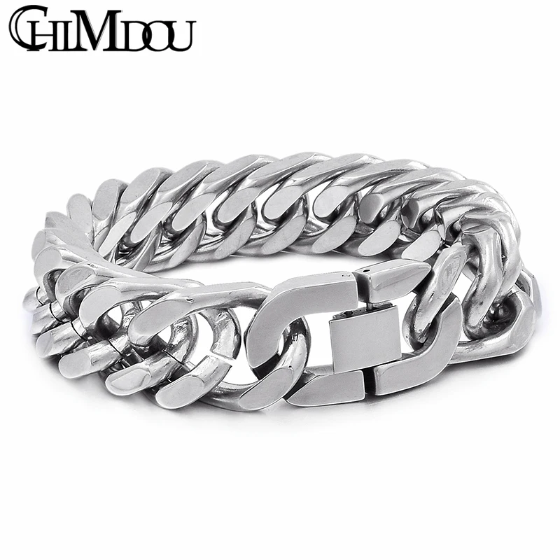 Stainless Steel Men Bracelet 15mm/17mm/20mm Heavy Cuban Chain Biker Jewelry 2018 New Style Good Quality