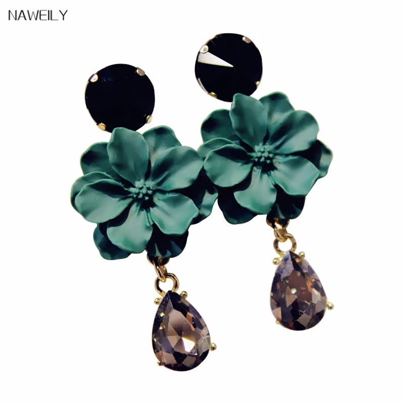 NAWEILY Fashion Camellia Crystal Earrings For Women Elegant Green Black Flower Dangle Long Earring Jewelry Gifts NWLA2102