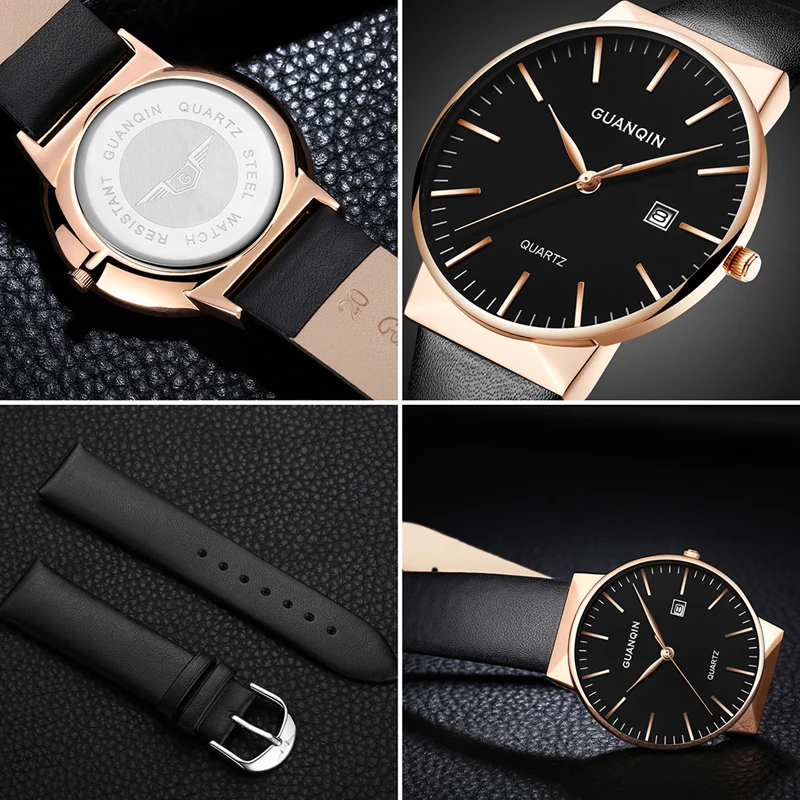 GUANQIN Watch Men Ultra Thin Simple Fashion Casual Quartz Men Watches Leather Strap Men Clock Wristwatch Birthday Gift