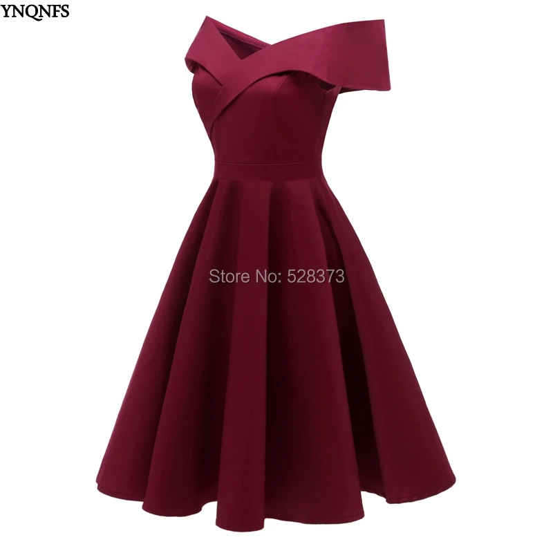 YNQNFS BD84 Real Guest Dress Boat Neck Off Shoulder Short Bridesmaid Dresses Burgundy Navy Blue 2019