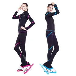 Customized Figure Skating Suits Jacket and Pants Long Trousers for Girl Women Training Patinaje Ice Skating Warm blue pink