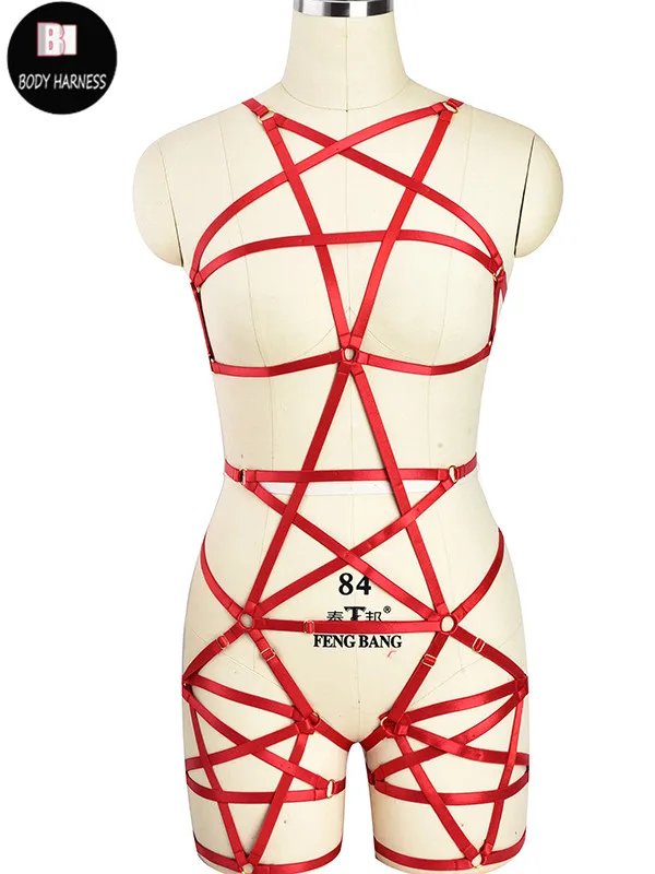 Goth Pentagram Body Harness Set Punk Pole Dance Harness Bra Rave Pentagram Leg Garter Belt Bondage Sexy Lingerie Body Cage