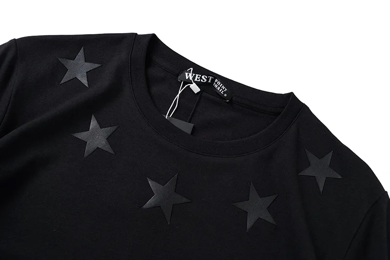 New Novelty 2019 Men Sleeve PU leather stars T Shirts T-Shirt Hip Hop Skateboard Street Cotton T-Shirts Tee Top Kenye #25