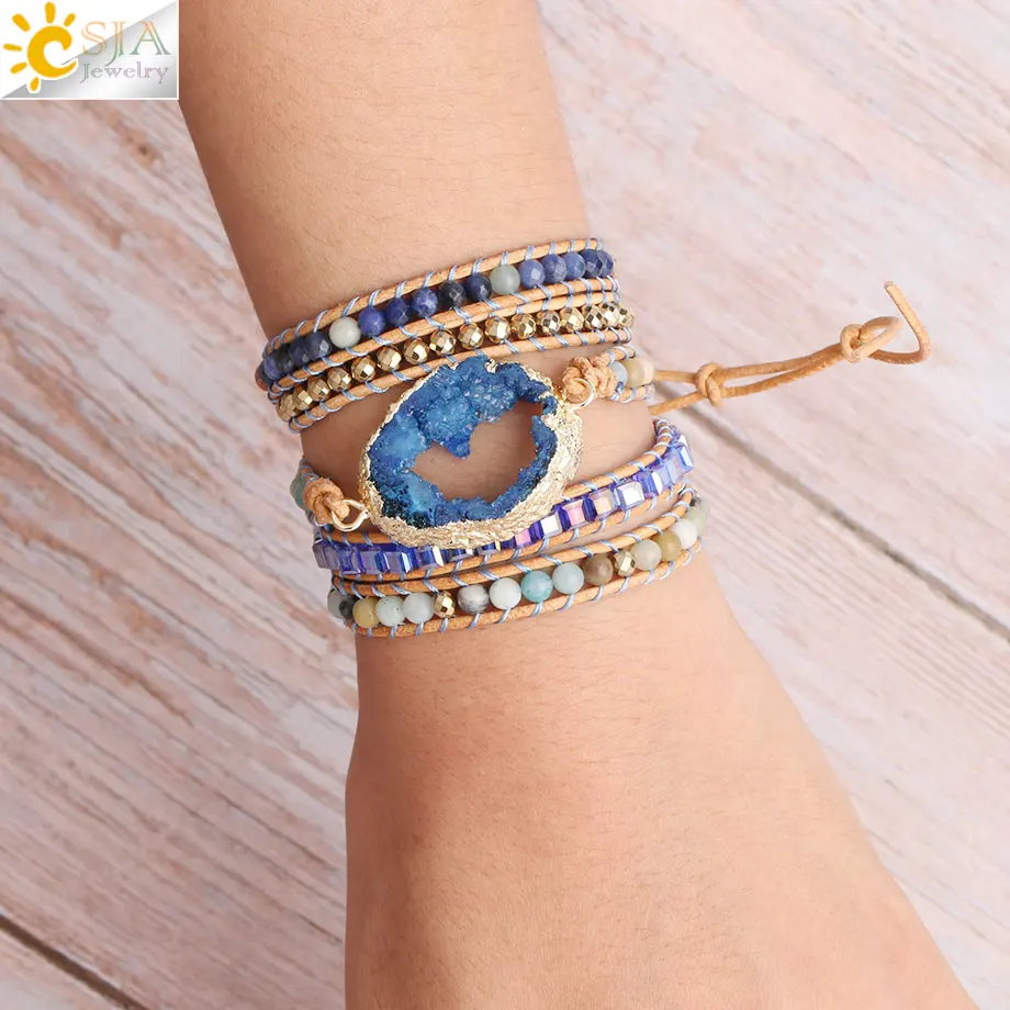 

Браслеты CSJA Boho из натурального камня и бусин, многослойный кожаный браслет ручной работы, позолоченный синий Друза, подвески, ювелирные изделия S433