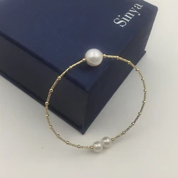 Sinya Natural 9-10mm Pearl 18k AU750 Gold Tube Spring Bangles for Women Girl Mom Lover Bracelet Diameter 55mm