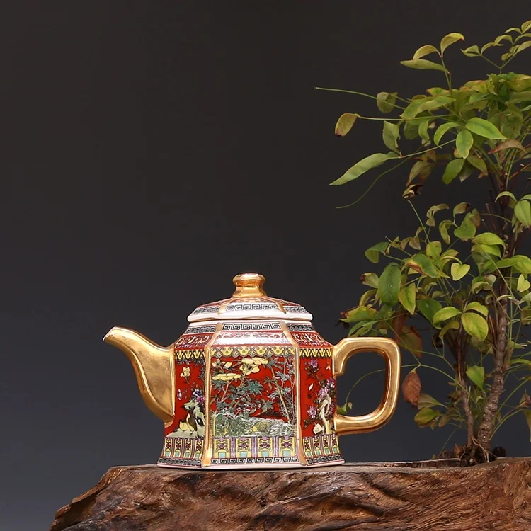 Jingdezhen Antique Qianlong Enamel Gold Teapot With Handle Hexagon Teapots With Flowers And Birds Pattern Ancient Porcelain