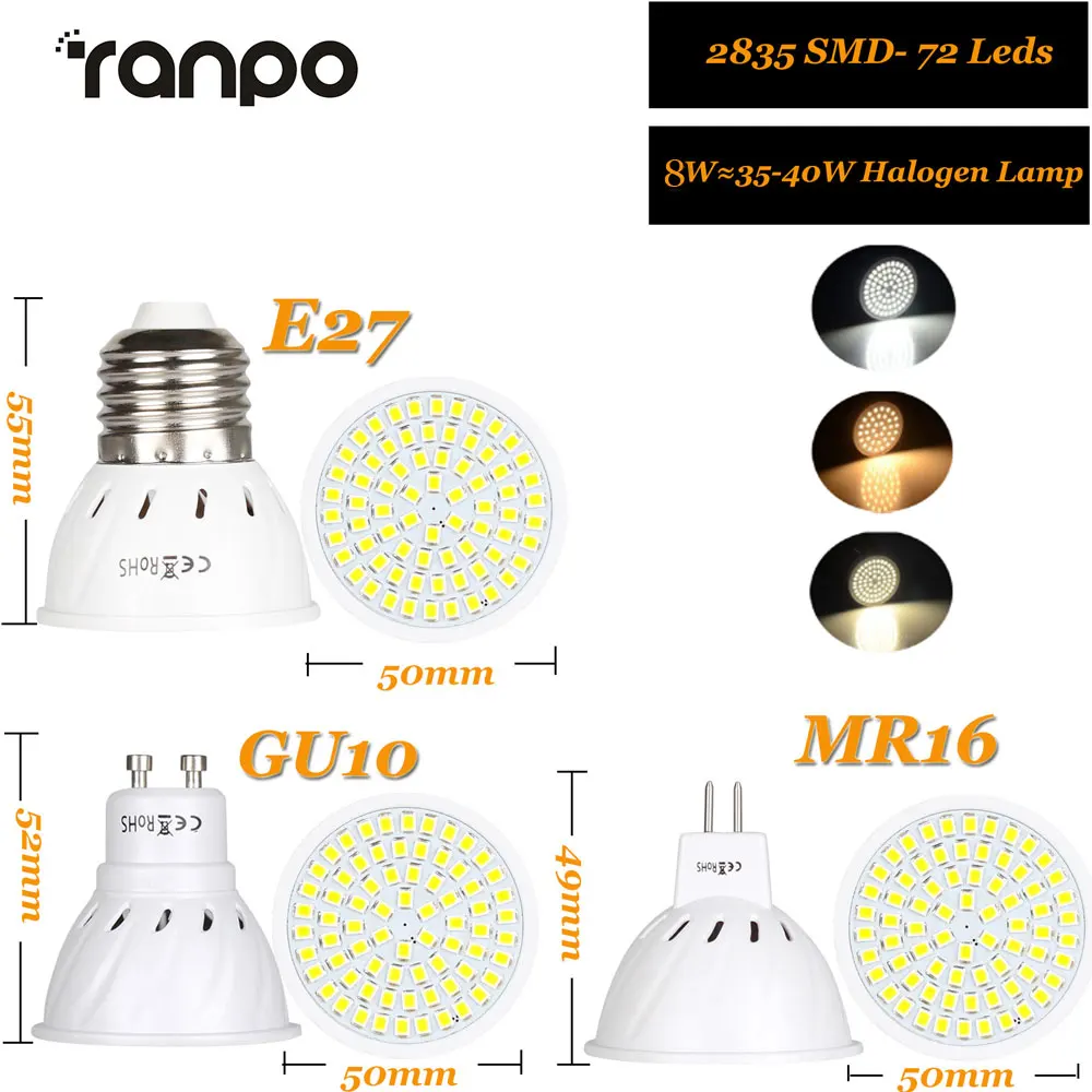 Lâmpada LED, Lâmpada de Iluminação, Spot Light, GU10, E27, MR16, AC, DC, 12V, 24V, 36LEDs, 54LEDs, 72LEDs, 4W, 6W, 8W, 2835SMD