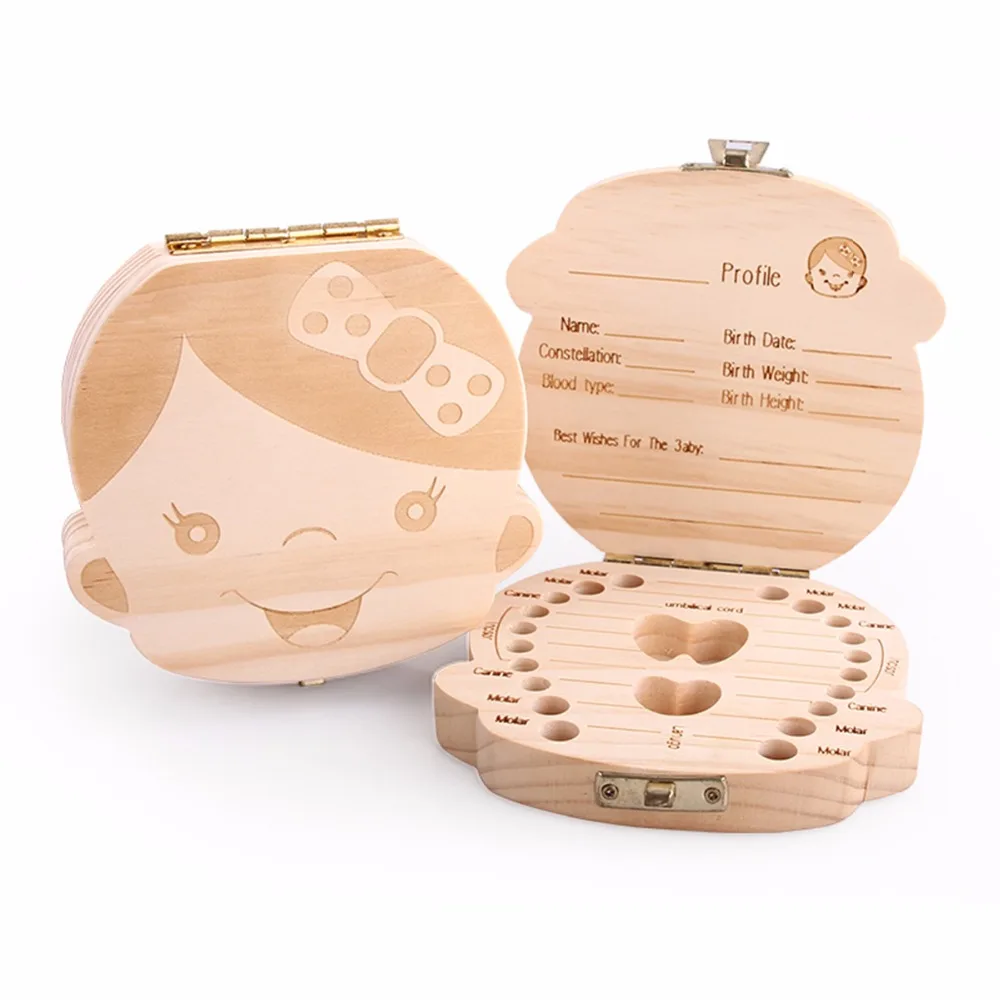 Spanish English Dutch Portugal French Russia Baby Wood Tooth Box Organizer Milk Teeth Storage Collect Teeth Umbilica Save Gifts