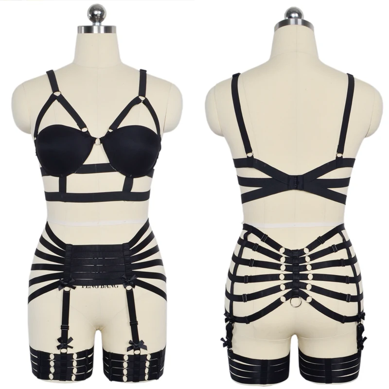 

Elastic Full Body Bondage Harness Fetish Black Cage Bra Adjustable Strap Crop Top Garter Night Party Underwear Harness Set N0068