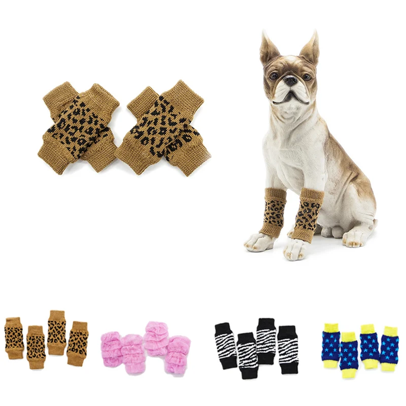 4Pcs/Set Warm Autumn Winter Pet Dog Leg Warmers Socks Printed Non-slip Leopard Dots Leg dog clothes dog accessories	 dog socks