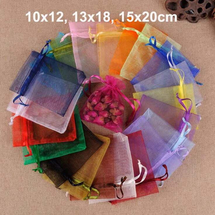 100pcs/lot 10x12 13x18 15x20cm Silk Organza Bags Drawstring Pouches For Wedding Party Gift Bag (Extra Money For Custom Logo)