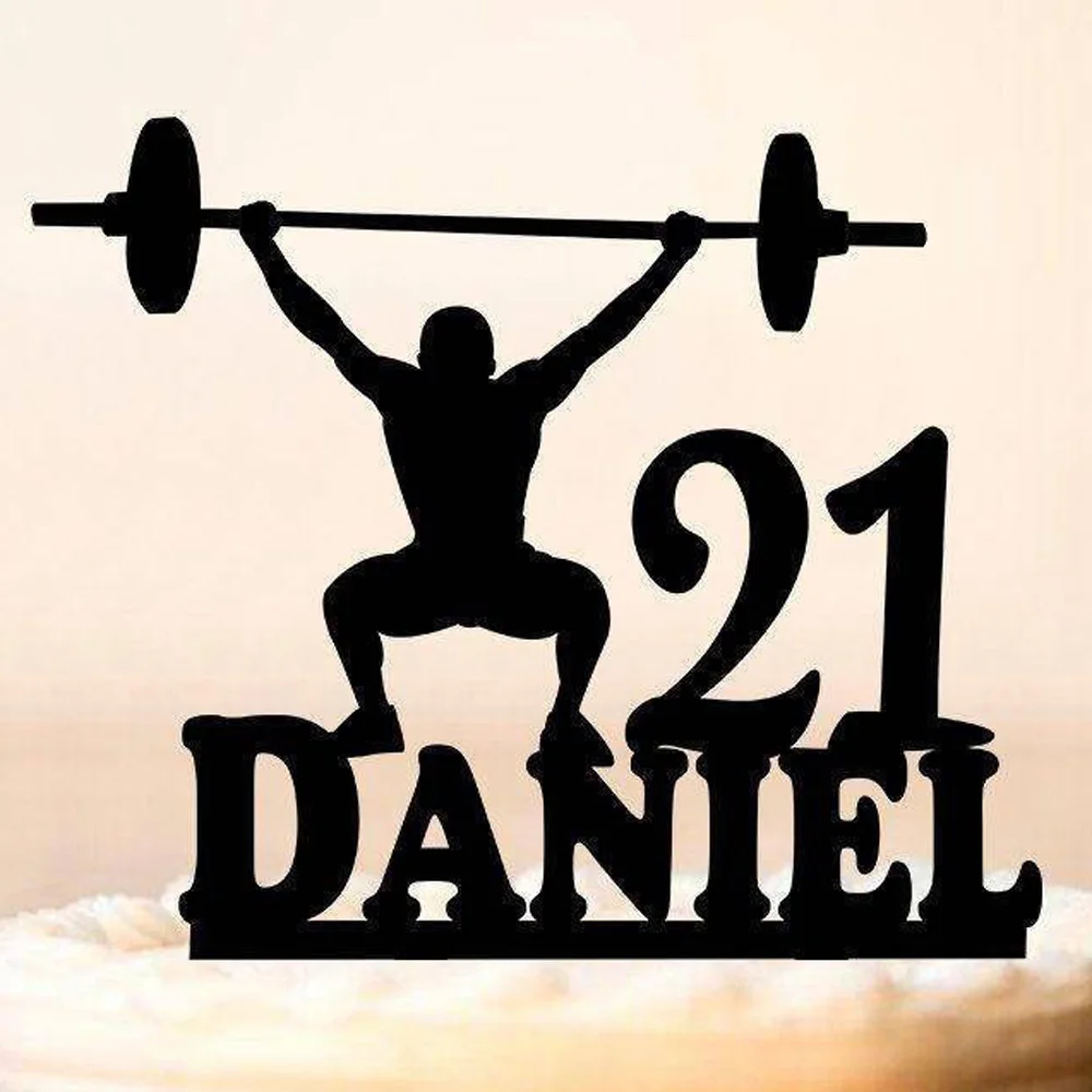 Personalizzati nome Muscolare uomo Felice torta di compleanno topper, uomini di Sport silhouette cake topper, Bodybuilder Festa di compleanno topper