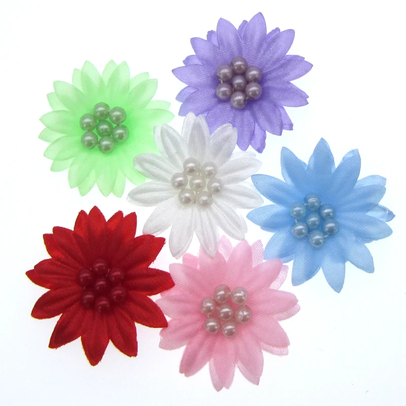 30Pcs Handmad Mixed Fancy 2 Layers Daisy Flower Bead Trim Fabric Flowers Applique For Craft Wedding Sewing accessories 3.2cm