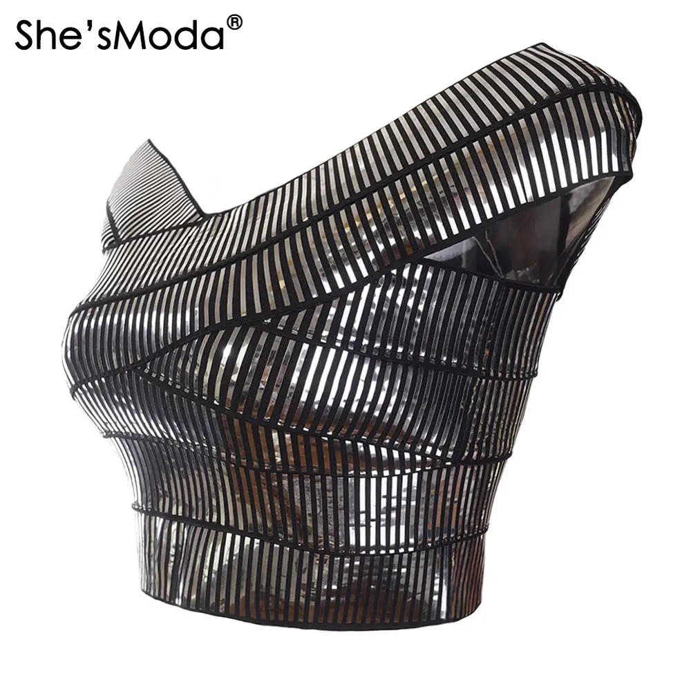 She'sModa Mirro Bandage Slash Neck Slim Women's Spandex Cropped Tops Vest Tank Bachelorette Plus Size