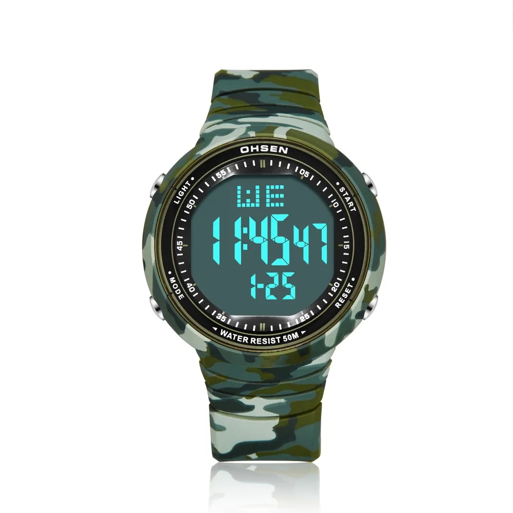 OHSEN Digitale LCD Sport Mannen Polshorloge Relogio Masculino 50 M Duiken Siliconen Band Mode camouflage Groen Leger Sport mannelijke Horloge