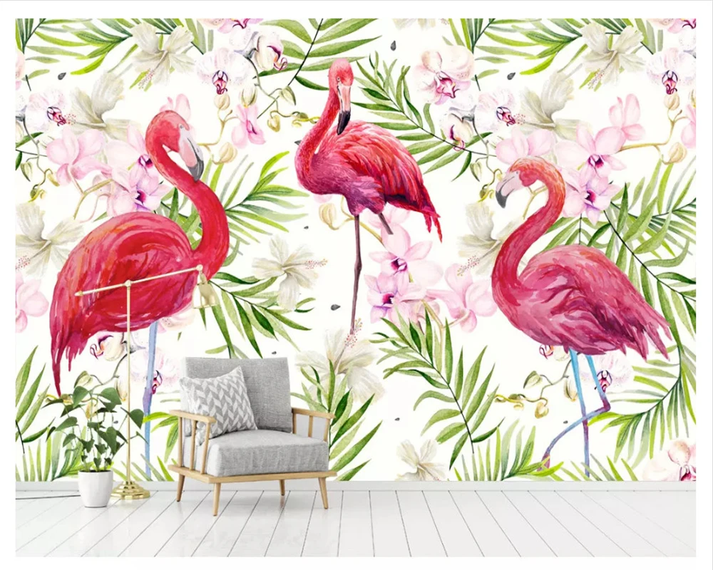 

beibehang Modern minimalist hand-painted flamingo tropical rain forest personality wall paper Nordic papel de parede wallpaper