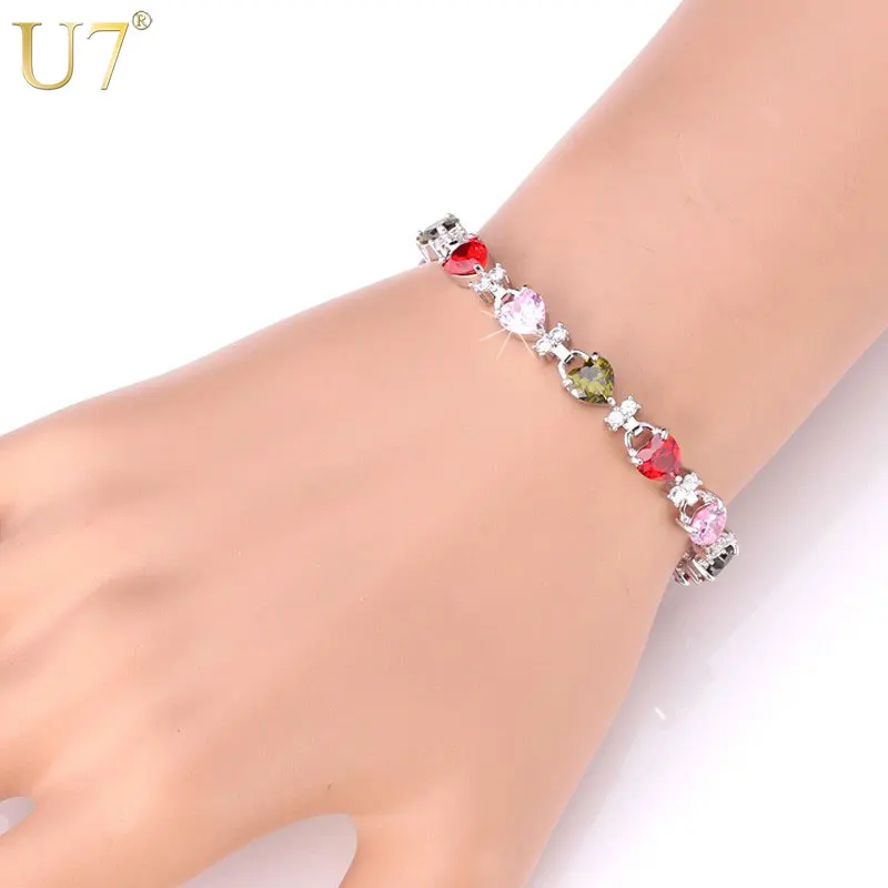 U7 Tennis Luxury Jewelry Multiple Color Heart Shape Zircon Crystal Beads Bracelet For Women 17cm QC24