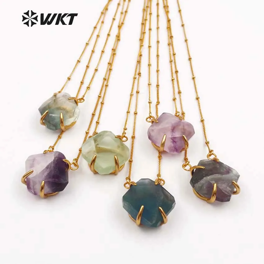 

WT-N1135 WKT Wholesale Natural fluorite jewelry 18 inch gold metal chain faceted square stone pendant multi color optional