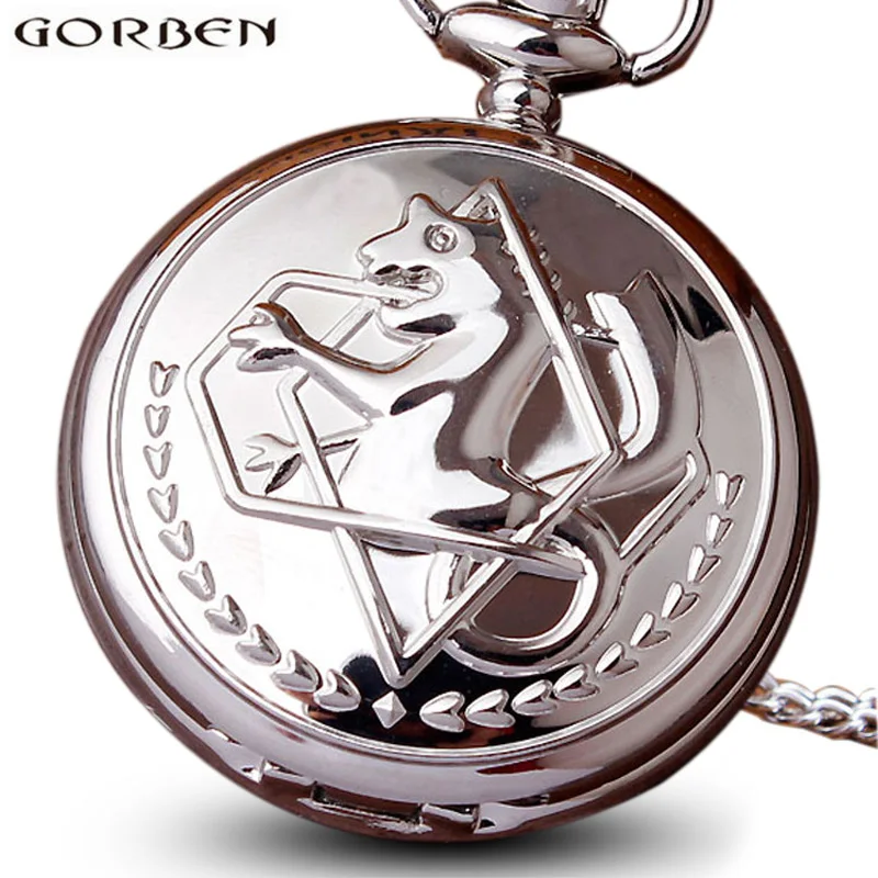 

Vintage Full Metal Alchemist Cosplay Pocket Watch Necklace Chain Pendant Clock Steampunk Edward Elric Fob Watches For Men Women