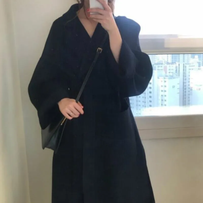 Women's Long Bandage Woolen Coat, Elegant Winter Overcoat, Loose Cardigan, Plus Size Outwear with Pocket, Turn Down Collar