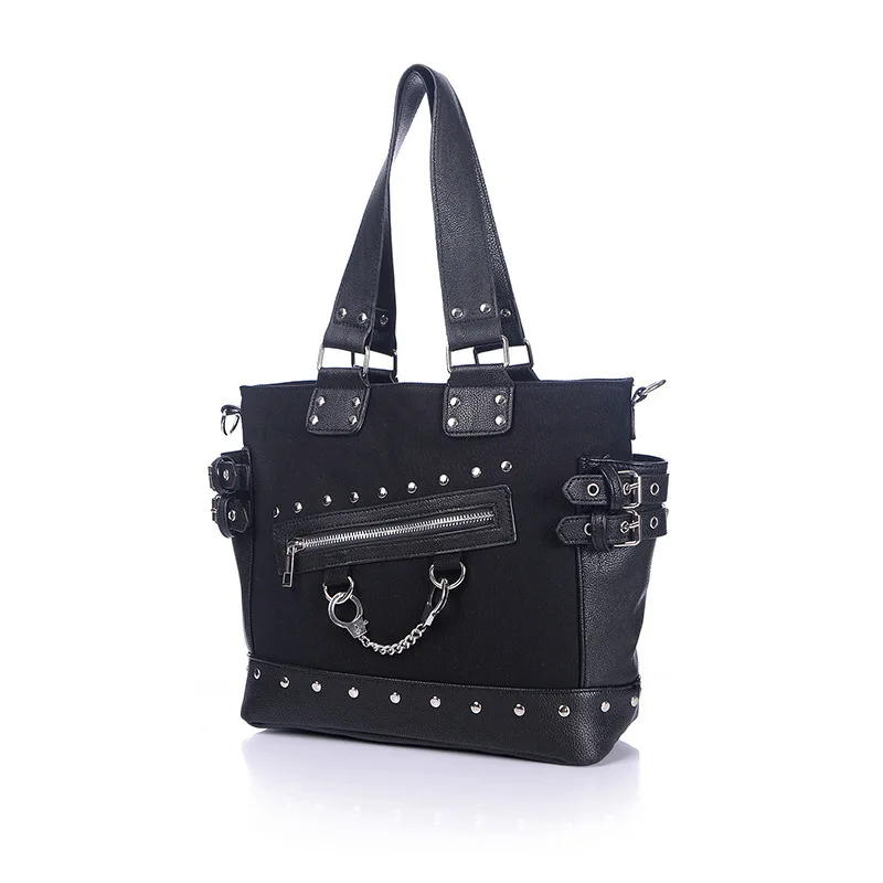 JIEROTYX Fashion Vintage Canvas Tote Bag Rivet Women\'s Bag Zipper Wide Strap Shoulder Bag Gothic Punk Handbag Woman High Quality