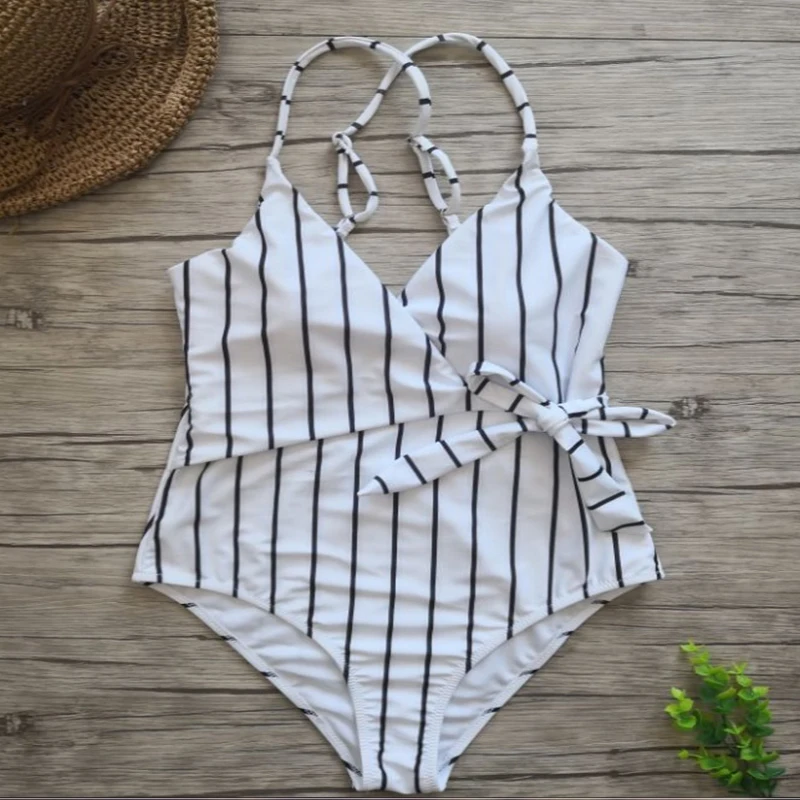 

One Piece Women Swimsuit Deep V Neck Summer Beach Wear Sexy Backless Bikini Ladies Bathing Suit Striped Swimsuit Plus Size 2XL